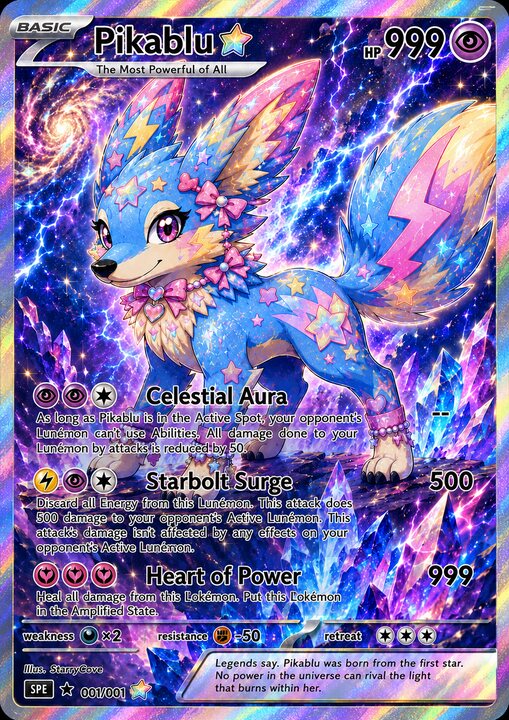 The Pikablu mascot card with the grading overlay applied: margin callipers on all four sides and hexagonal markers over each flagged defect.